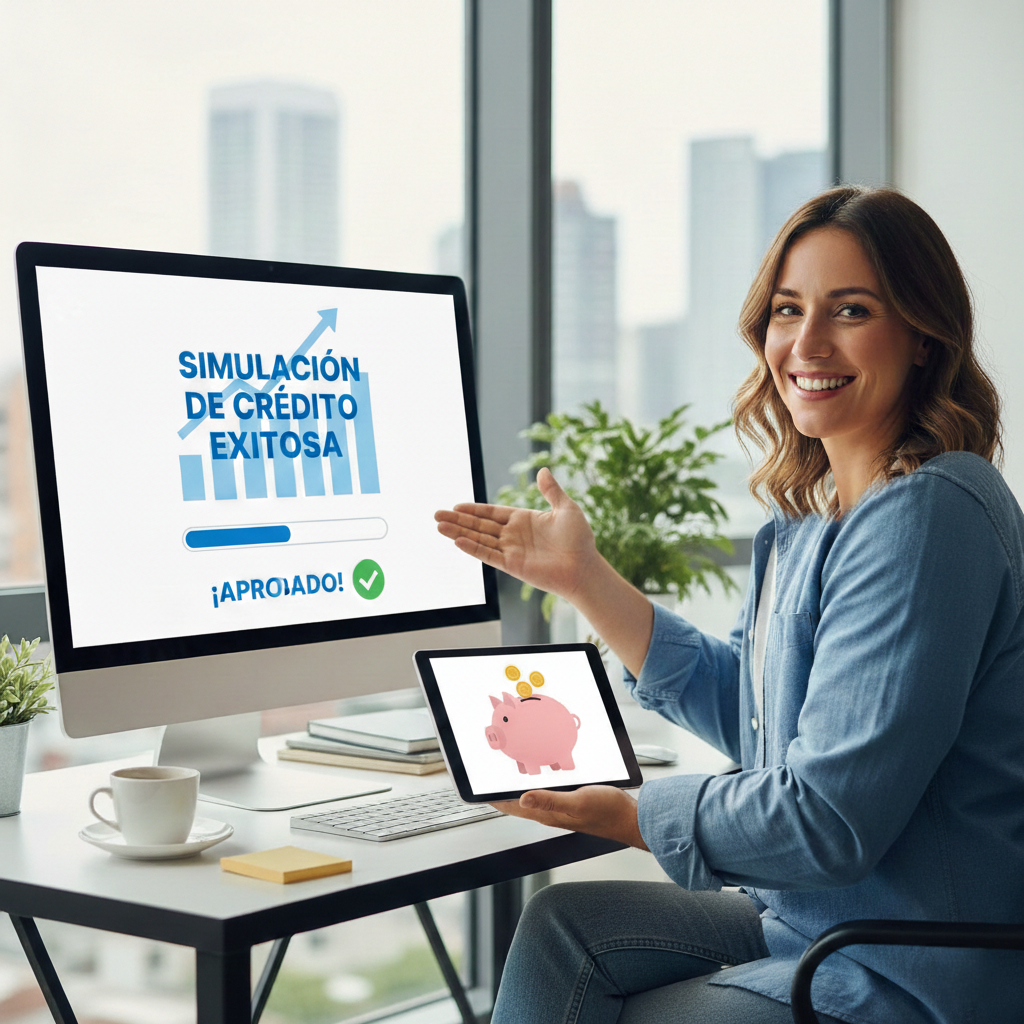 Ilustración de simulación de crédito exitosa en entorno de trabajo moderno